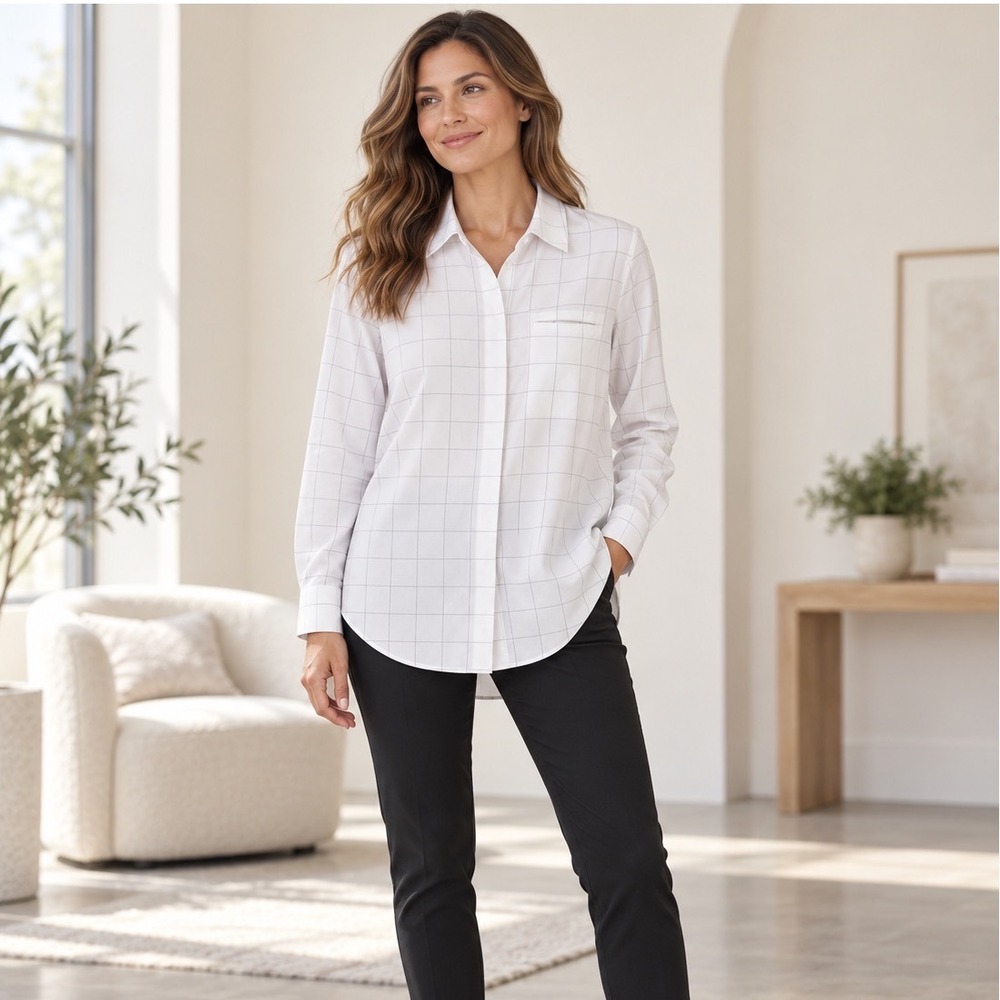 Athleta Women's Medium Urbanite Textured Top White Grid Button Down Athleisure